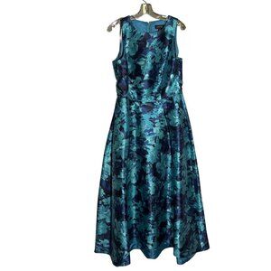 Tahari Arthur S. Levine Floral Sleeveless Maxi Dress Size 12 Blue/Teal Satin